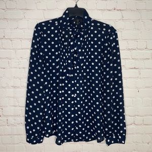 Navy Polka Dot Tie-Neck Blouse